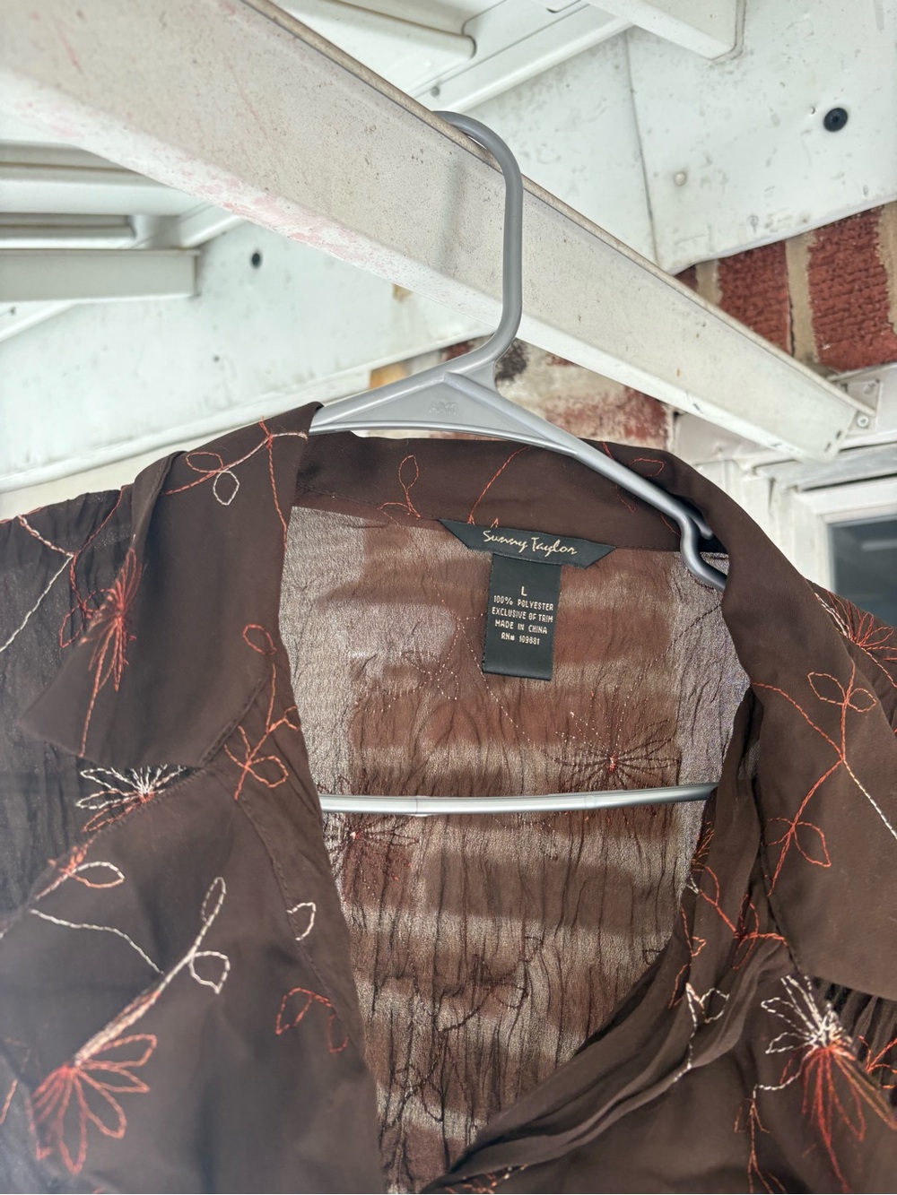 New York & Company Brown Ruffle Sheer Floral Blouse - Picture 3 of 6